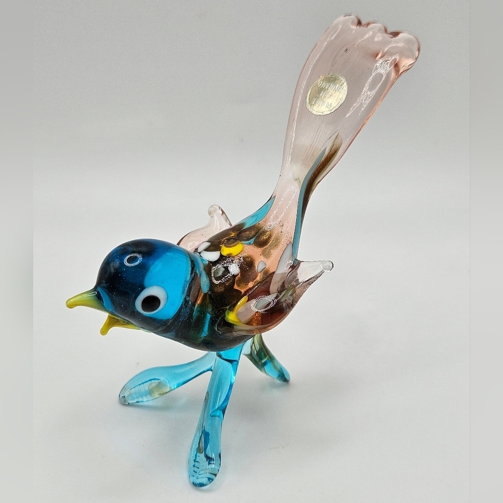 Handblown Murano Glass Blue Bird Small Figurine Decor Made in Italy